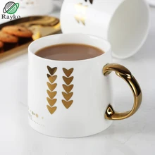 

RAYKO Europe Golden Ceramic Mug Porcelain Gold Plated Coffee Mug Office Milk Cup Love Leaf Heart Gift MU09