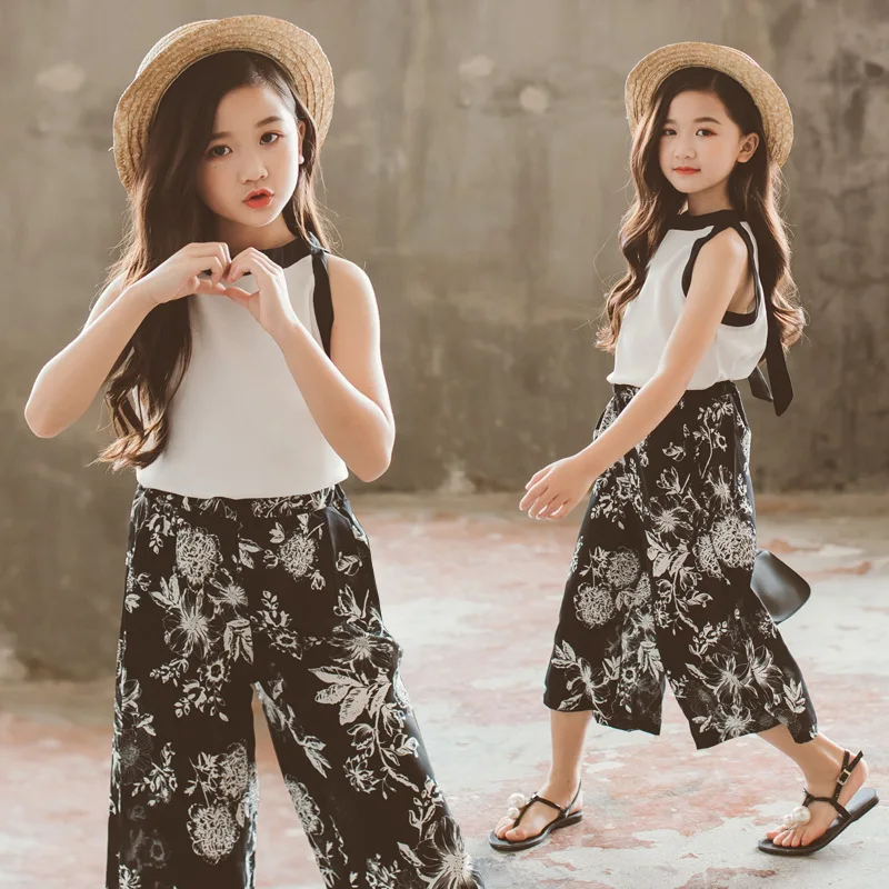 

White Black Virgin Suit for Teen Girl Summer 2019 Girls two-piece clothing set print wide leg pants 10 12 years