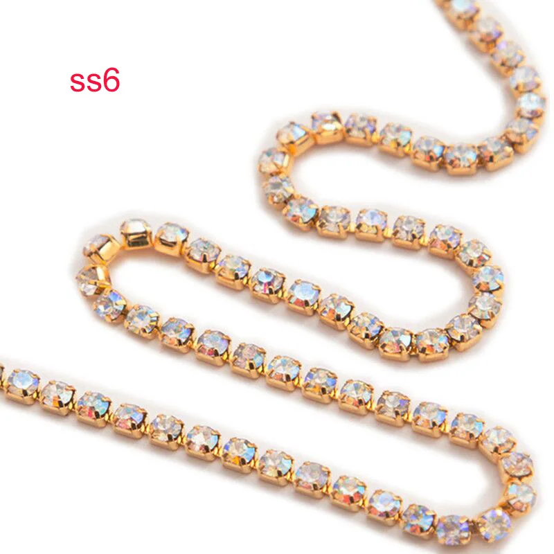 URORU Crystal AB Rhinestone Chain DIY Sew On Gold Base Density Trim Metal Cup Chains Accessories ss6 10yards/lot AM TAIDIAN - Цвет: ss6 ab gold