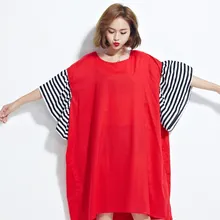Summer Women Dress Size Striped Print Butterfly Sleeve Cotton Female Casual Loose Fashion Red ONeck TShirt Dress