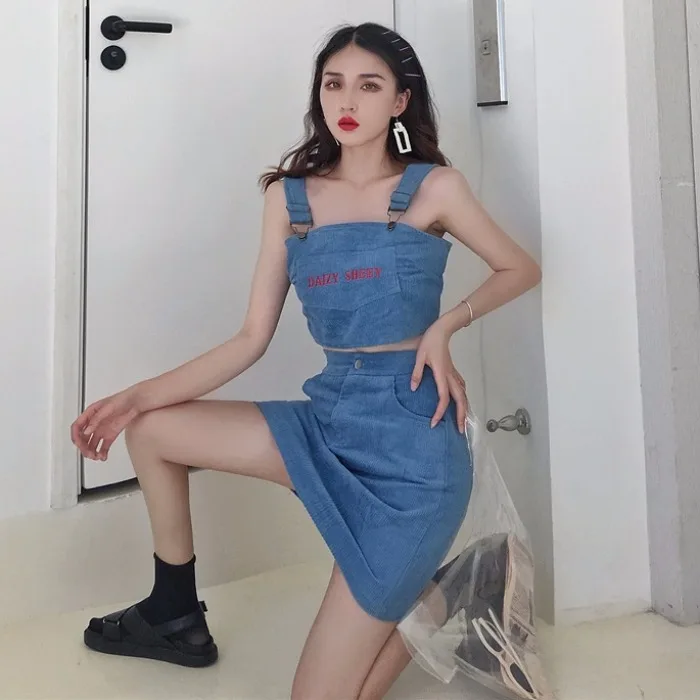 

Women's Sets streetwear Corduroy blue letter embroidery summer new tank crop top+korean skirts two piece set ulzzang summer ins
