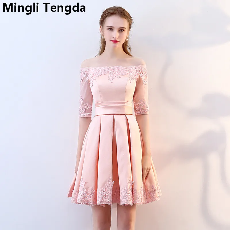 

Mingli Tengda Pink Lace Bridesmaid Dress Boat Neck Off the Shoulder Weeding Party Dress Knee-Length Elegant Bridesmaid Dresses