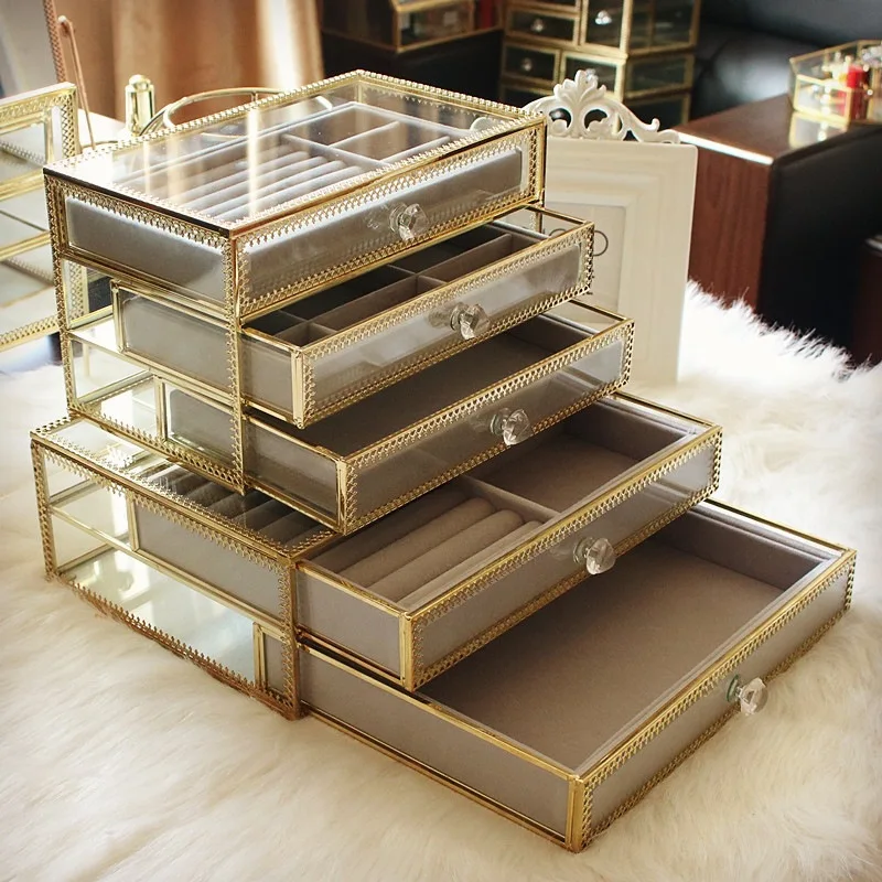 

Jewelry Storage Box Glass Copper Edge Desktop Jewelry Box Princess Earrings Earrings Ring Bracelet Finishing Box Gift