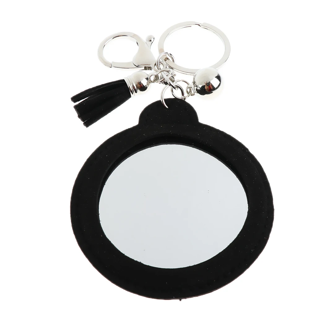 Woman Charm Key Chain Shape Round Crystal Keychain Tassel Mirror Grey