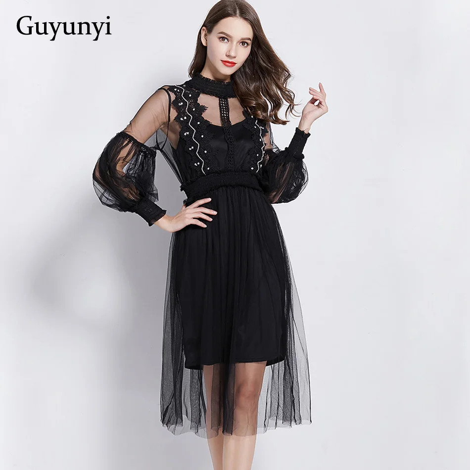 

Guyunyi 2019 spring and summer new black lace stitching mesh perspective sexy dress beaded two-piece elegant party dress