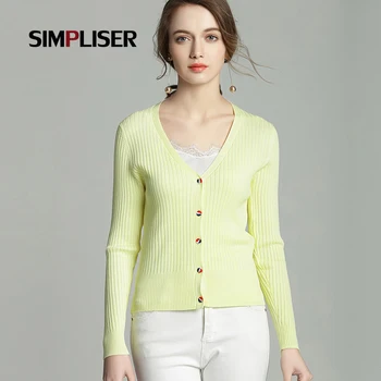 

SIMPLISER Women Knitted Cardigans Female Knitting Sweaters V-Neck Mujer Sueter Stretch Soft Pull Femme Black White Women Clothes