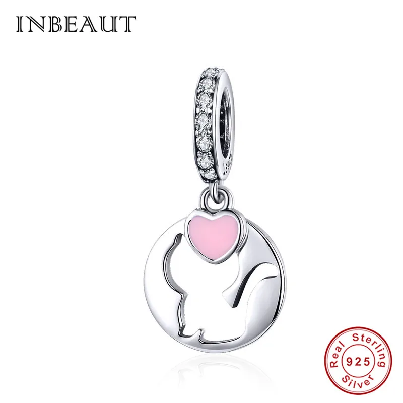 

INBEAUT 100% Real 925 Sterling Silver Cute Pink Enamel Heart Cat Hollow Charms fit Pandora Bracelet Pendant Necklace Beads Gfit