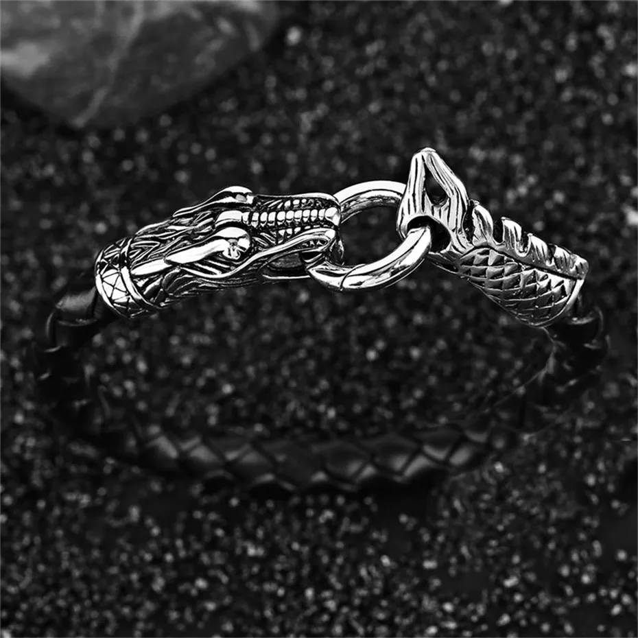 Dragon Theme Chinese Zodiac Signs Charms Men Bracelet Punk Hand-woven Leather Rope Chain Black Creative Jewelry Casual Gift (10)