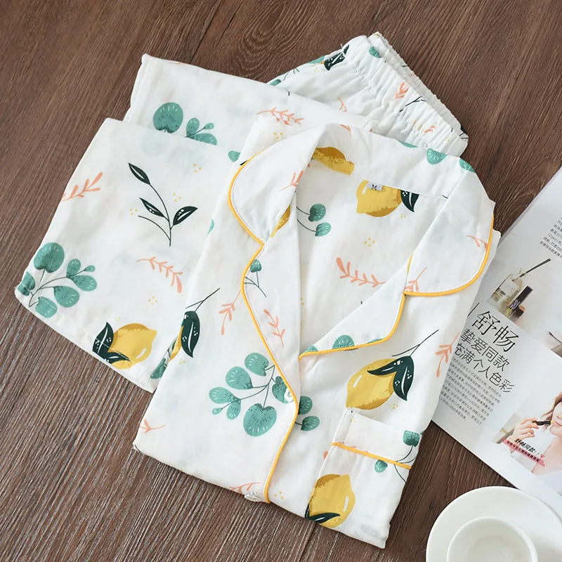 

QWEEK 2019 Long Sleeve Cotton Nightwear Women Double Gauze Breathable Homewear Two Piece Mango Print Comfortable Women Sleepwear