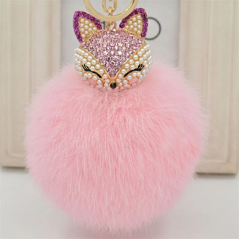 Fancy&Fantasy New Rabbit 8cm Fur Ball Keychain Fox Head Inlay Pearl Rhinestone Car Key Chain Handbag Key Ring Delicate