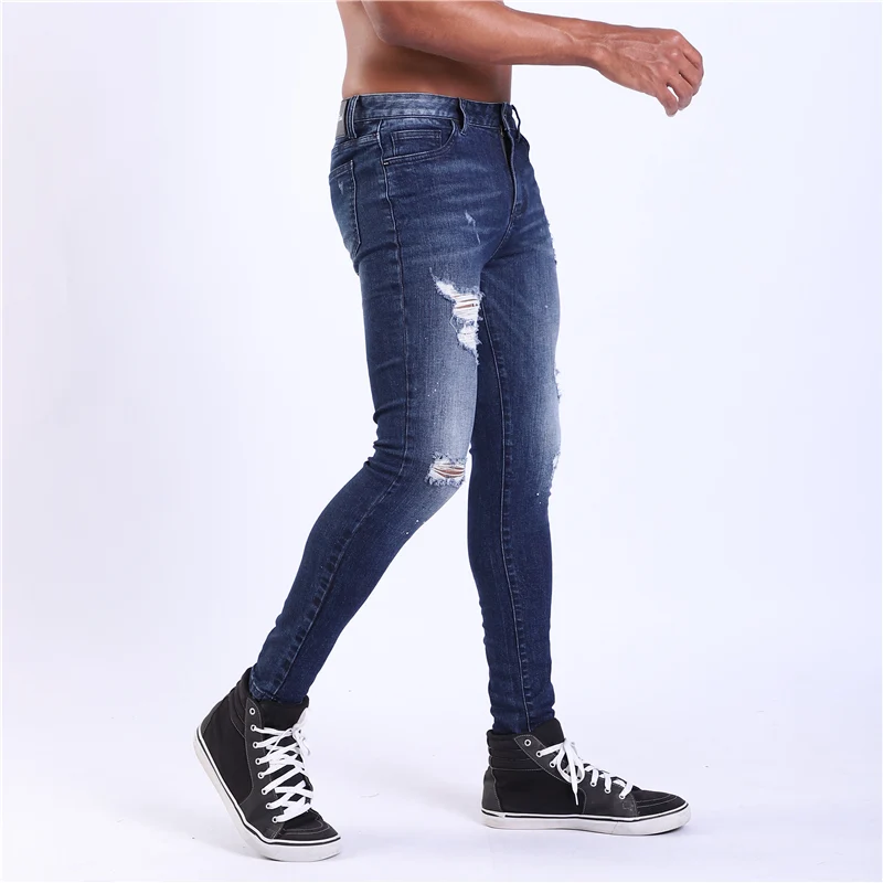 Одиночные дорожные супер обтягивающие джинсы для мужчин, рваные джинсы для мужчин, уличная одежда, синие мужские Стрейчевые джинсовые штаны, мужские облегающие Брендовые мужские брюки