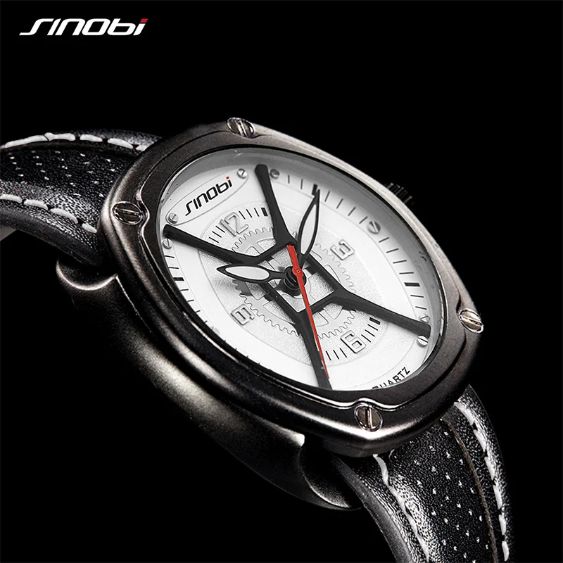 

SINOBI Fashion Man Watch Unique Gear Dial Quality Soft Air Hole Leather band Casual Analog Men Watches Sport relogio masculino