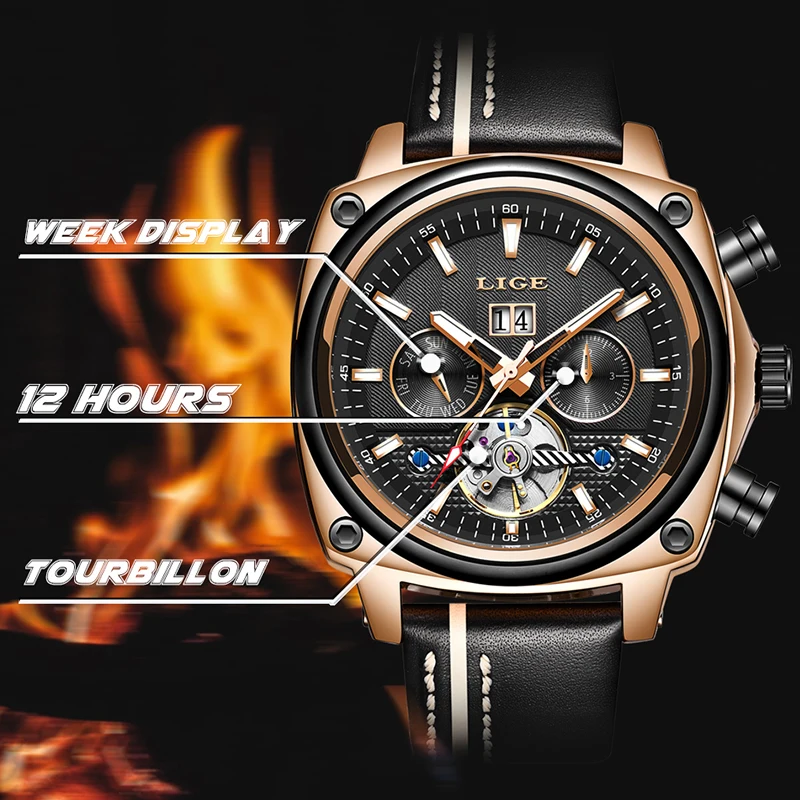 Новый 2018 LIGE роскошный скелет Tourbillon спортивные часы для мужчин автоматические