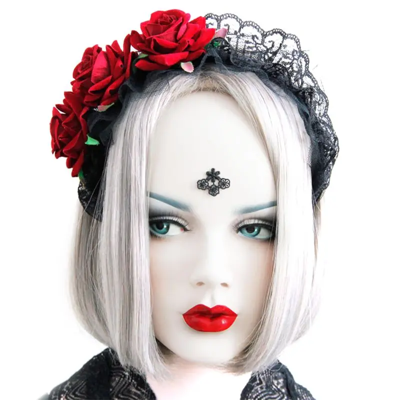 

Lady Head Wreath Gothic Black Lace Maid Hair Hoop Red Roses Tiara Halloween Party Masquerade Cosplay
