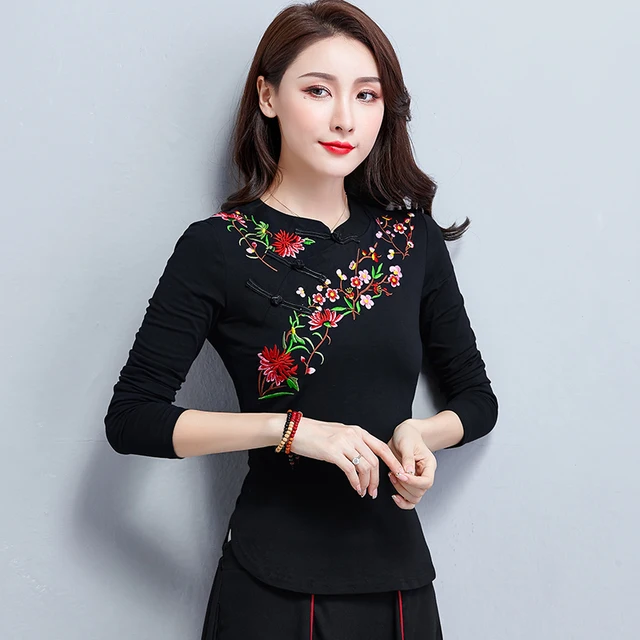 Chinese Style women Autumn spring new embroidered long sleeves T Shirt