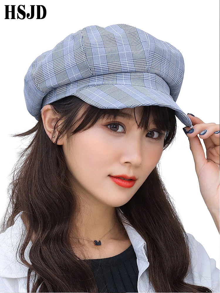 

2019 New Fashion Casual Plaid Octagonal Hat Women Spring Summer Lattice Berets Newsboy Hat Female Flat Top Visor Caps Gift