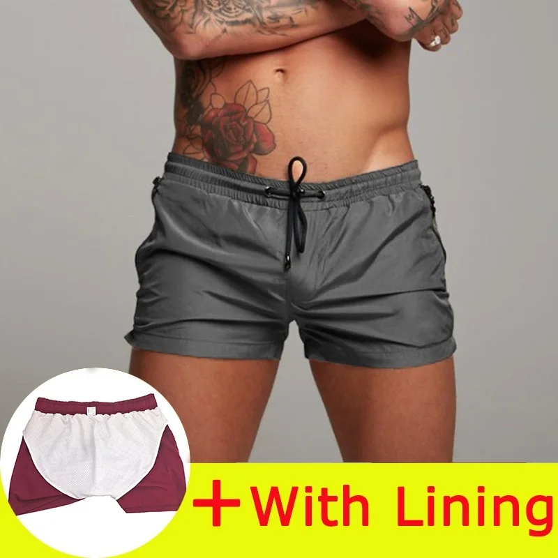 Silver grey Lining Мужские шорты для плавания для геев, пляжные шорты, спортивные шорты для плавания для мужчин, купальный костюм для мужчин, мужские плавки - Цвет: Silver grey Lining