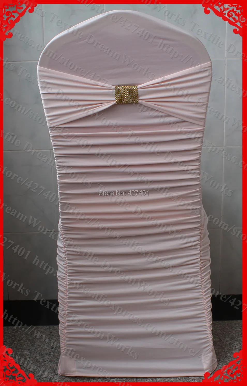 

NO.24 Peach Pink Ruffled Lycra Chair Covers With Lycra Band And Gold Diamond Mesh Buckle For Wedding Decoration & Party