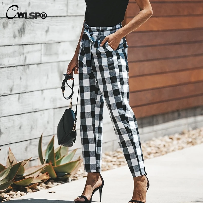CWLSP 2018 2 color plaid Women pants loose casual Pants with pocket Female tie up front comfort pantalon mujer QZ2914