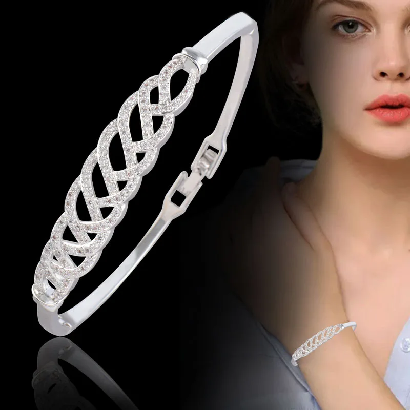 

SINLEERY 2019 AAA Cubic Zirconia Cross Bracelet Female Silver Color Crystal Bangle For Women Bridal Wedding Jewelry CZ067 SSH