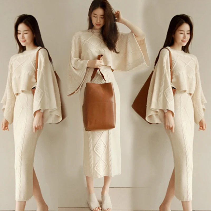 

Autumn and winter fashion Korean new women's bat sleeve loose sweater coat High waist knitted skirt two-piece suit JQ44