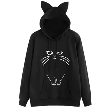 

Fashion Outwear Cat Printed Autumn Long Sleeve Pullovers Women Cat Ear Hooded Coat