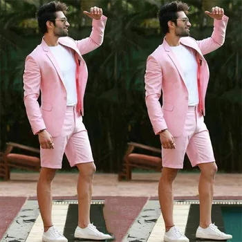 

Custom Made Pink Summer Men Suit Men Wedding Suits Slim Fit 2 PCs Jacket+Short Pants For Wedding Groom Prom Party Tuxedos