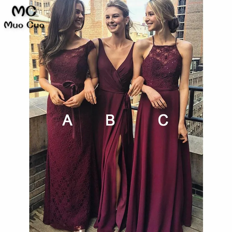 A-Line Bateau Floor-Length Burgundy Lace Bridesmaid Dress with Sash