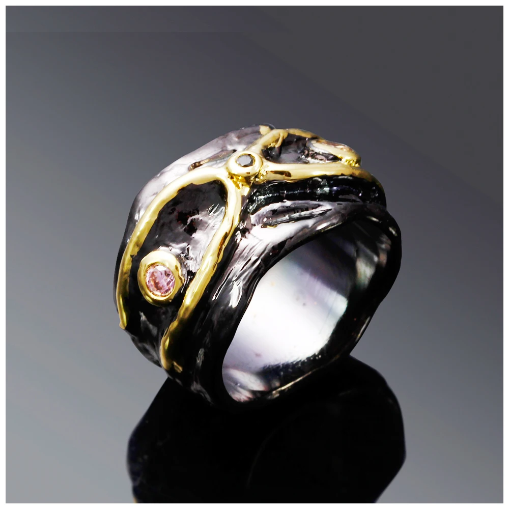 DreamCarnival 1989 Unique Women Wide Band Type Infinity CZ Bezel Set Black Gold Color Party Style Ring Gothic Jewelry ZR14176