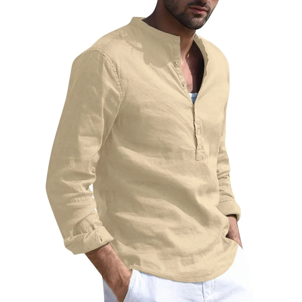 JAYCOSIN новые летние мужские рубашки мешковатые хлопковые льняные Однотонные блузки в стиле ретро с длинными рукавами и стоячим воротником мужские рубашки 9624
