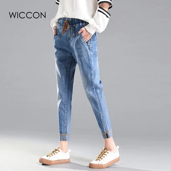 

WICCON Elastic waist vintage Spring jeans female loose feet Drawstring jeans Casual harem pants streetwear women Vaqueros