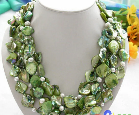 

Wholesale FREE SHIPPING 4row 20" 18mm green square shell white pearl necklace p2607