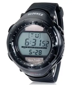 

0405 Round Dial Digital Waterproof Diving Solar Sports Watch with Solar Movement, Plastic Case, Rubber Strap & Backlight (Black)