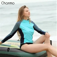 Charmo, Женский Рашгард с длинным рукавом, купальник в полоску, Рашгард, лоскутный купальник для серфинга, женский топ для бега UPF50 Charmo, Женский Рашгард с длинным рукавом, купальник в полоску, Рашгард, лоскутный купальник для серфинга, женский топ для бега UPF50
