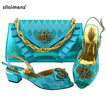 

New Shop 40% Discount Sky Blue Nice Party Sandals Nigerian Women Low Heels 3 CM Shoes and Bag Set for Wedding