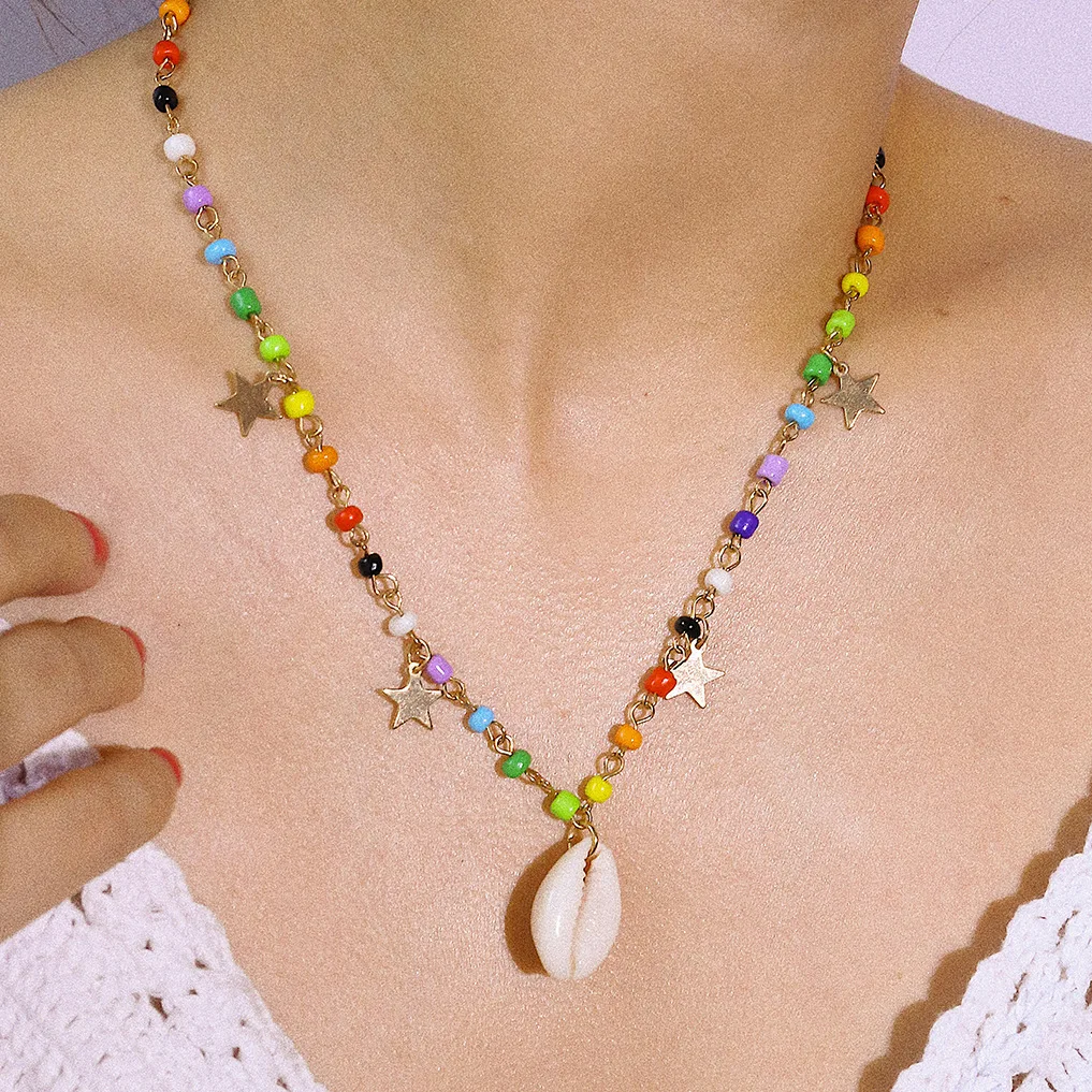 

New Luxury Design Star Shell Chokers Necklace for Women Gold Colorful Geometric Bead Pendant Necklace Female Jewelry