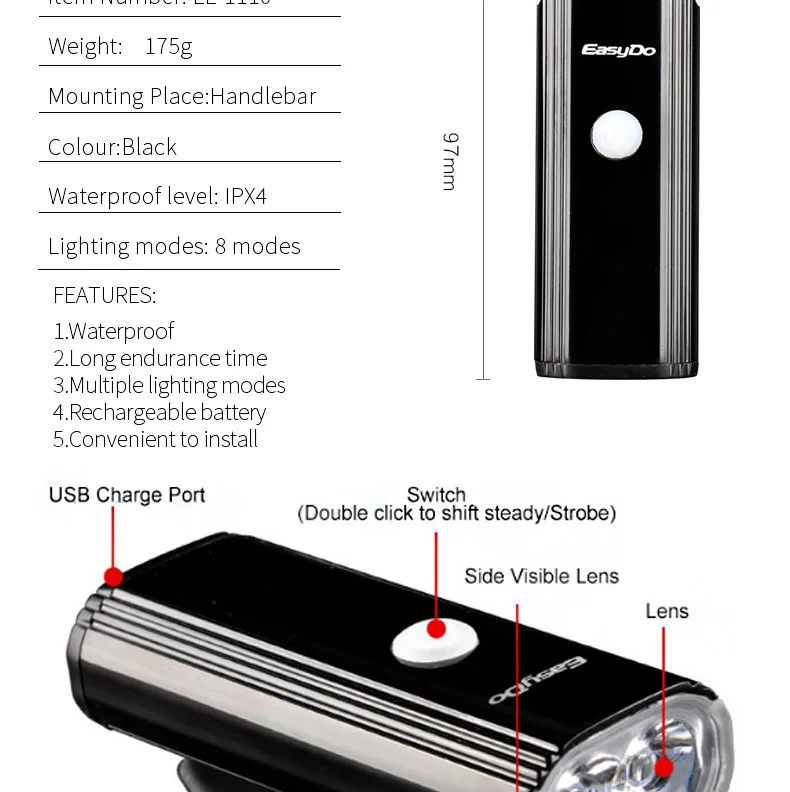 Велосипед EASYDO свет Велоспорт голова Передняя 4400 мАч 1000 Люмен USB Перезаряжаемый XPG 10 Вт велосипед фара 8 режимов освещения EL-1110