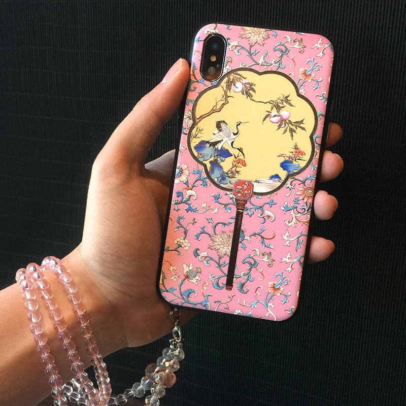 Chinese style case For iPhone XS MAX hard embossed back cover For iPhone X 8 7 6 6s plus crane Gong fan soft edge shell for XR