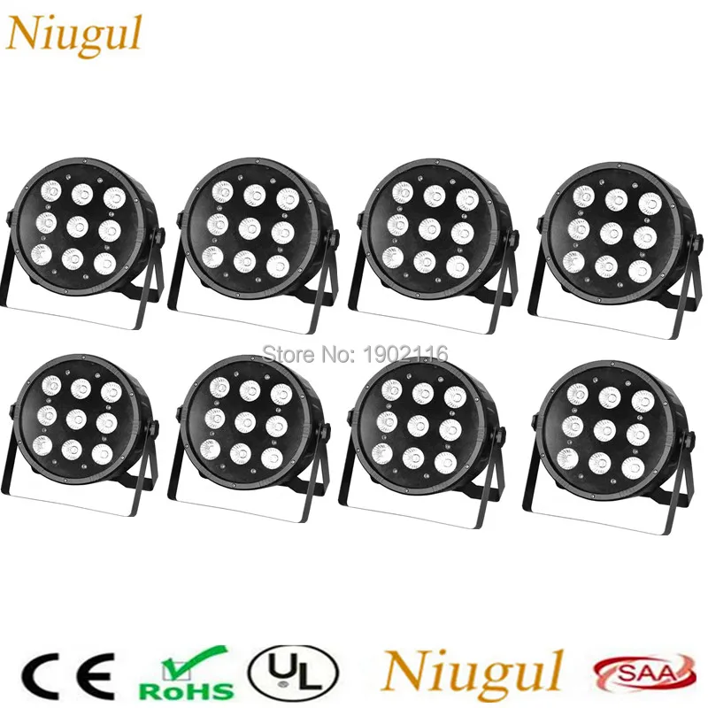 

8 шт./лот 9x12 Вт светодиодный прожектор Par/RGBW 4 в 1 DJ Flat Par QUAD LED Wash Disco Light/DMX512 контроллер, сценическое освещение/праздвечерние чная лампа
