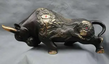 

22" China Bronze Fengshui Zodiac Ox Bull Carve Lotus Dragon Kylin Dragon Statue