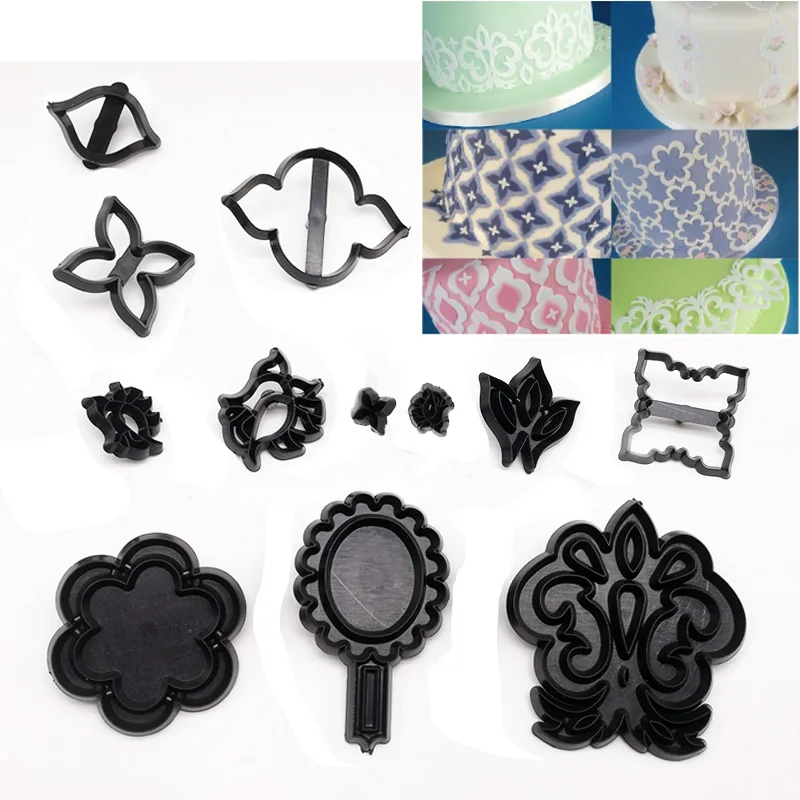 

Fondant cookie cuttter Mirror lace pattern 12pcs plastic stamp Decorating Cupcake Gumpaste fondant cake tool