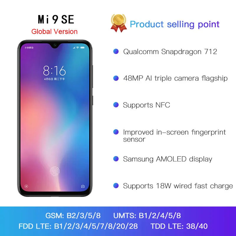 Глобальная версия Xiaomi mi 9 SE 6 GB 64 Смартфон Snapdragon 712 Octa Core 5 97 &quot48MP Тройная камера