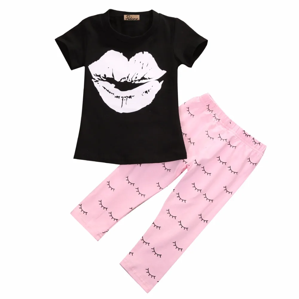 

2016 Fashion New Baby Girls Clothes 0-4Y Toddle Kid Summer Short Sleeve Slip Print T-Shirt and Eyelash Pant 2pcs Children Set