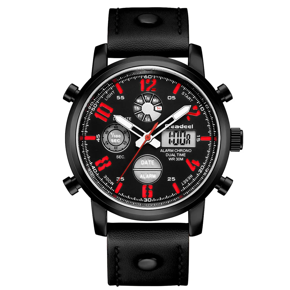 Luxury Brand Quartz Men Sport Watches Dual Display Led Digital Watch Genuine Leather Clock Male Waterproof Man Wristwatches - Цвет: Black red