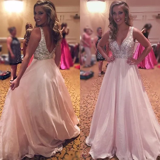 Sexy глубокий v-образным вырезом спинки розовый длинные пром dress уникальные