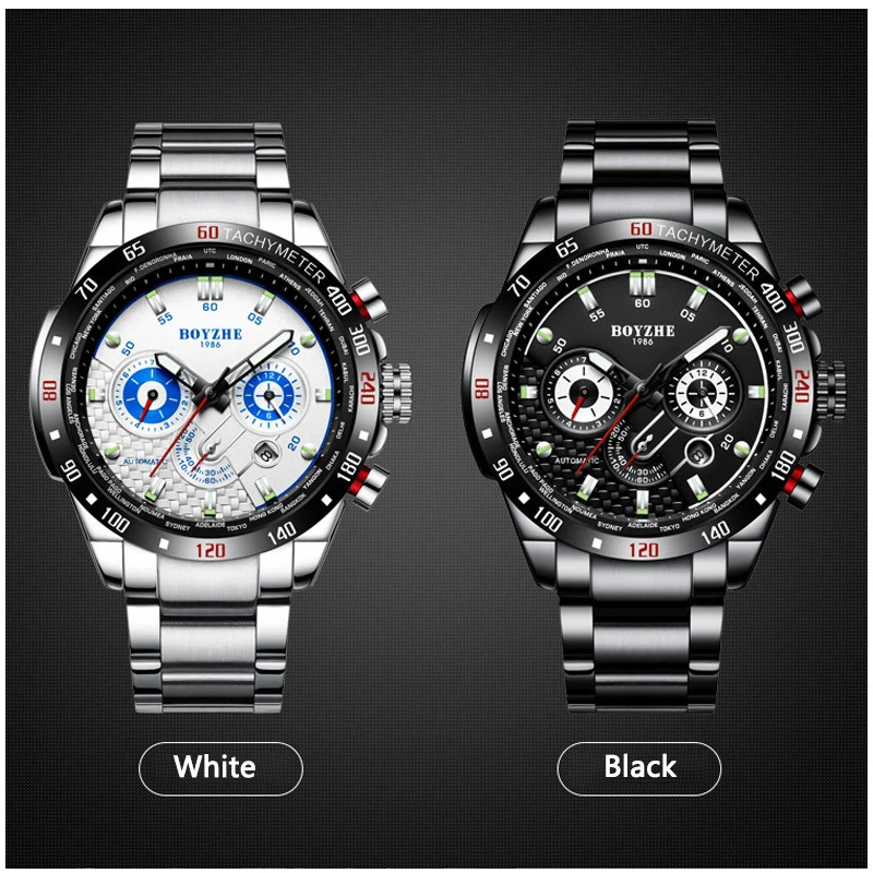 BOYZHE جديد الرجال الرياضة الميكانيكية التلقائية ووتش للماء العلامة التجارية الفاخرة الفولاذ المقاوم للصدأ العسكرية رجل الساعات Montre أوم ساعة