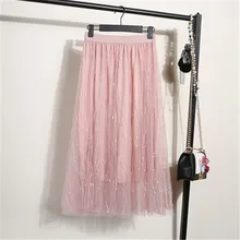 Повседневная сетчатая юбка летняя женская одежда новая плиссированная юбка с высокой талией модная женская юбка с бисером v572