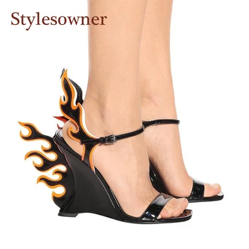 

Stylesowner New Stylish Lady Summer Sandal Shoe High Heel Wedge Flame Wings Open Toe Catwalk Shoes Sexy Party Shoe Real Leather