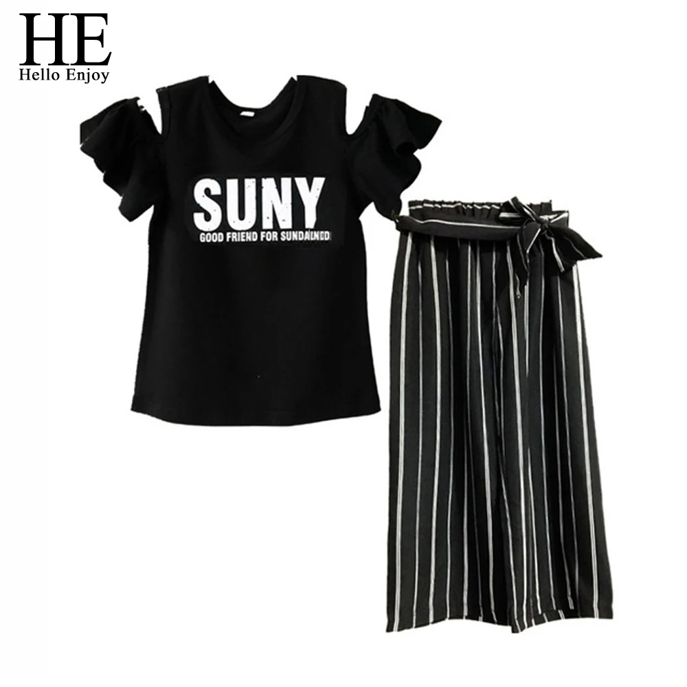 

HE Hello Enjoy 2019 Summer Fashion Girls Clothes Off Shoulder Print Letter T-shirt+Stripe Wide-Leg Trousers 2pcs Set Children