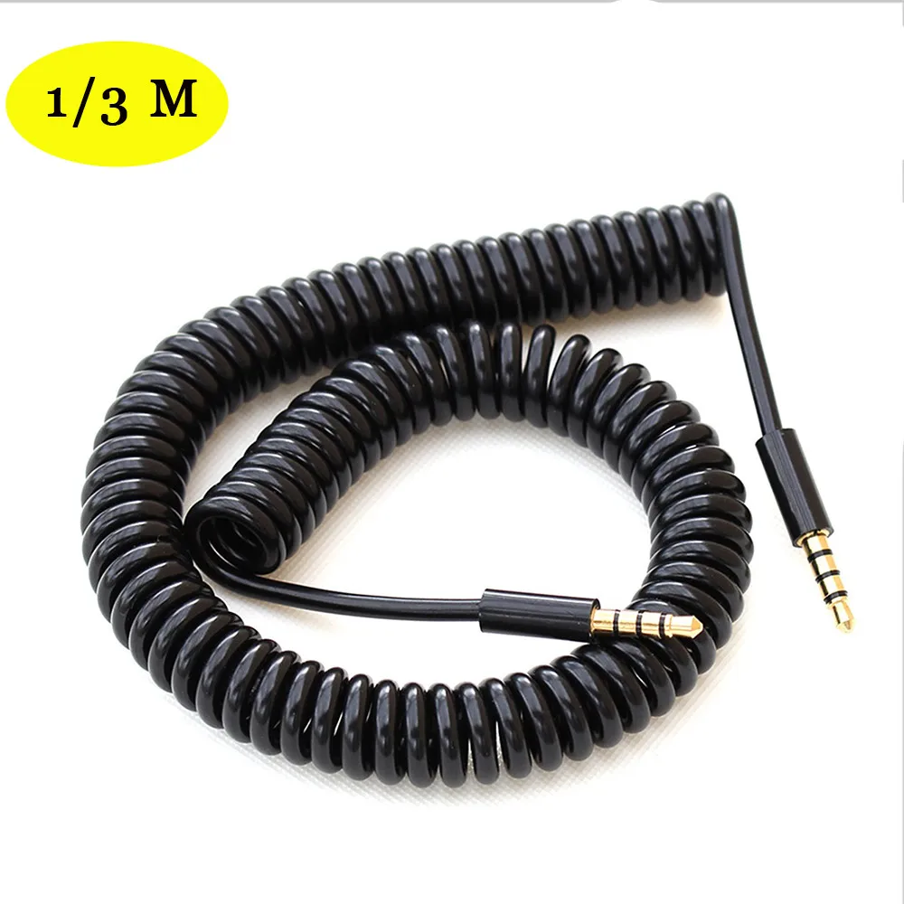 

Malloom 1/3M Black 4-Pole Spring Coiled 3.5mm Aux Cable w/ Mic Gold Stereo Audio Auxiliary Cord for Computer/MP3/MP4#28